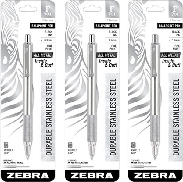 3 ? Zebra F-701 Ballpoint Pens, Stainless Steel with Knurled Grip, Pk of 3 Pens