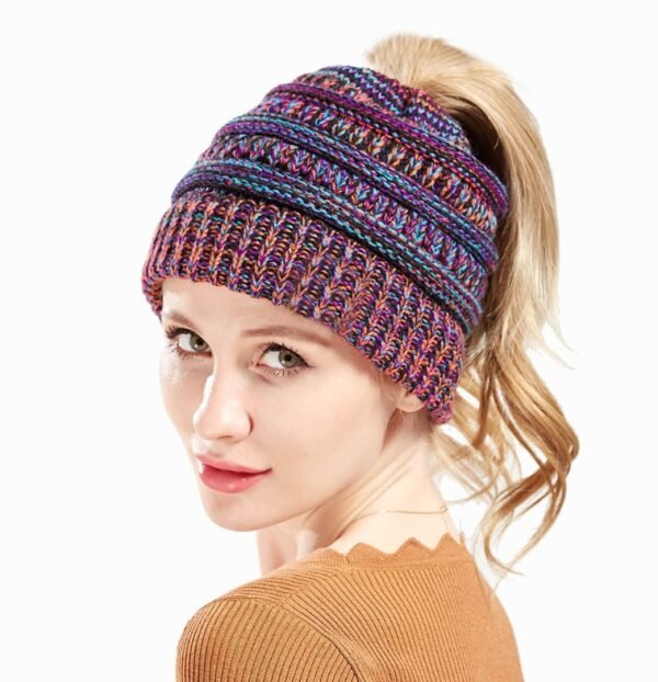 Mixed Color Knitted Wool Hat Ladies Non-labeled Ponytail Hat - Image 3